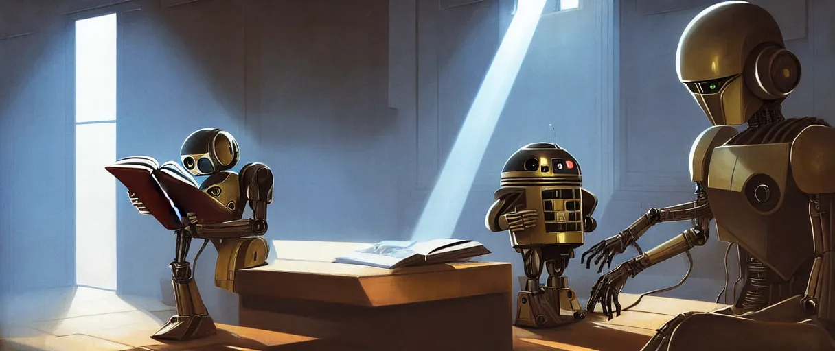 Image similar to digital painting of a droid robot reading a book, concept art, by Ralph mcquarrie, sunlight pouring through window, large scale, high detail, futuristic, godrays, volumetric lighting, warm lighting