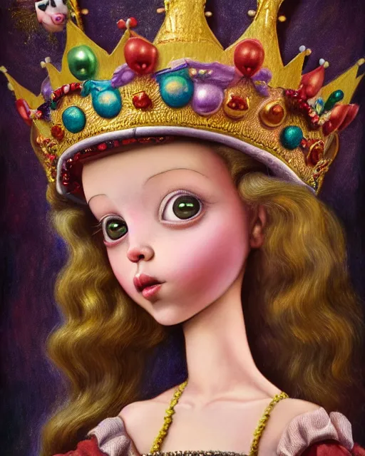 Image similar to closeup profile portrait of a tin toy fairytale princess wearing a crown and sitting on a throne, bikini, hyper realistic, artstation, illustration, concept art by nicoletta ceccoli, mark ryden, lostfish, dan decarlo, bob clampett, max fleischer, digital paint, matte paint, washed colors, dark, gloomy, detailed and intricate environment