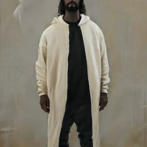 Prompt: a full body portrait of modern day jesus wearing cream yeezy menswear collection by nicola samori, hat and hoodie, detailed, oil painting, hyper realistic, 8 k, yeezy collection