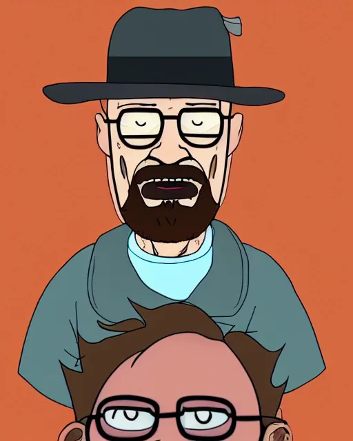 Image similar to portrait of walter white in the style of justin roiland. heisenberg from breaking bad. cinematic lighting. style of rick & morty. photographic, photography. by justin roiland