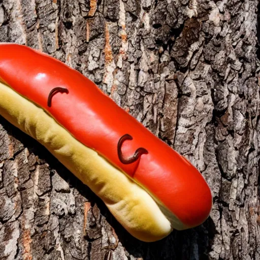 Prompt: hotdog bun shaped caterpillar climbing on a tree branch