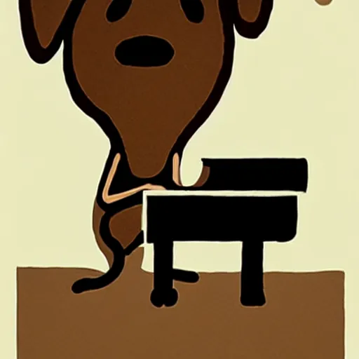 Image similar to a brown spaniel with a white chest , sat down playing a grand piano.modern. book illustration, lighting, sketched. Artwork. Jean Jullien dtyle