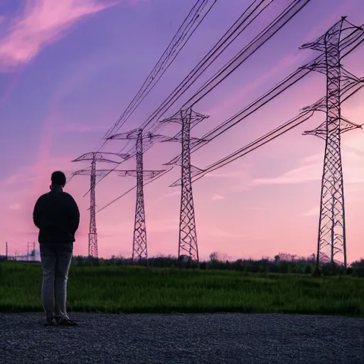 Prompt: man standing in front of electricity pylons during a pink sunset, low angle