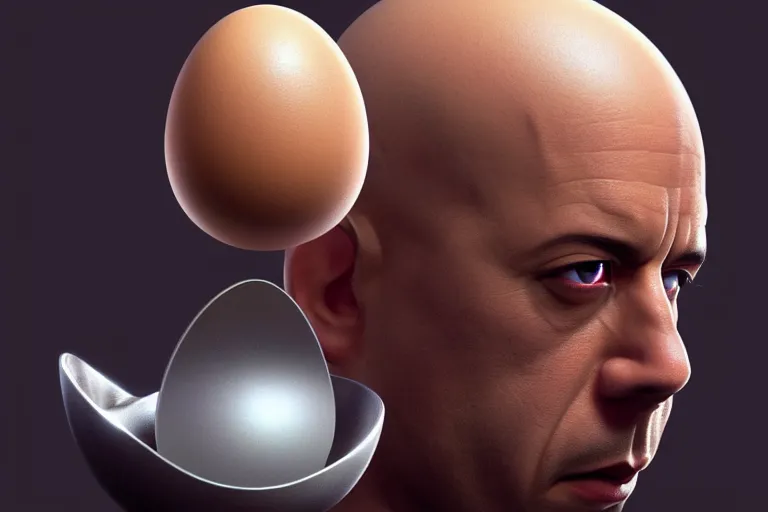 Image similar to egg cup with vin diesel head, silver egg cup, head is an egg, hyper detailed, digital art, artstation, cinematic lighting, studio quality, smooth render, by boris vallejo, android jones, artgerm, caravaggio