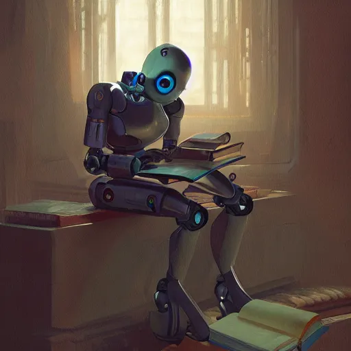 Image similar to a robot reading a book, highly detailed, digital painting, artstation, concept art, sharp focus, illustration, art by eddie mendoza and greg rutkowski and alphonse mucha