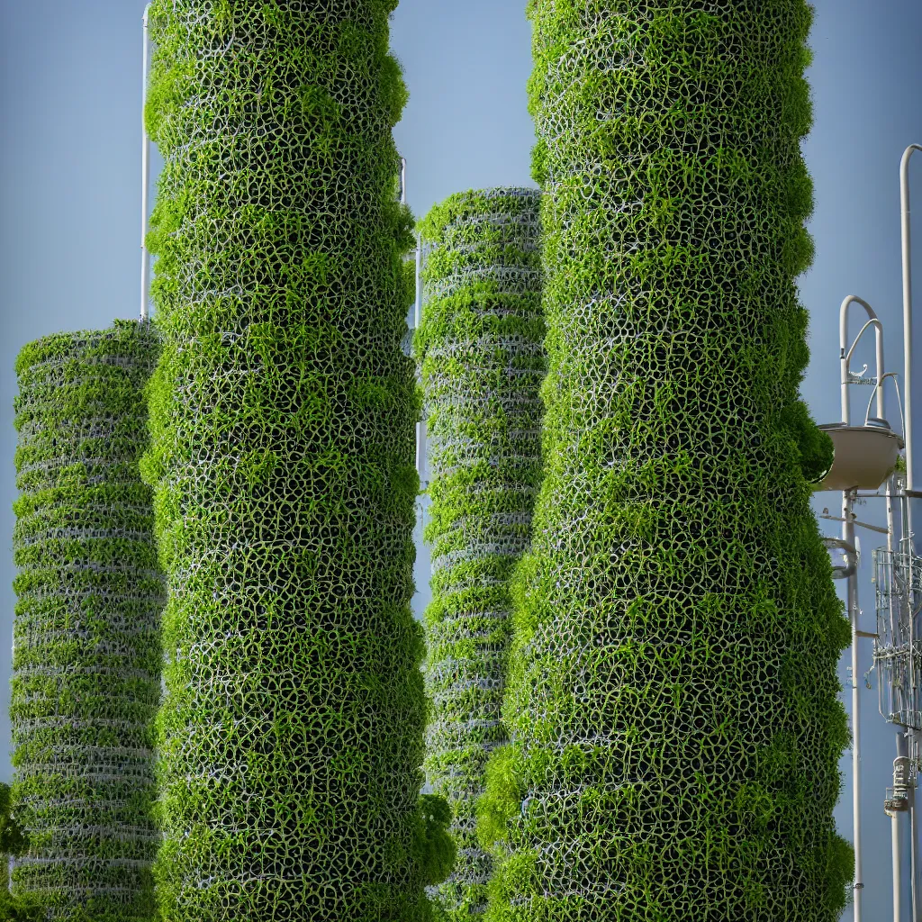 Image similar to torus shaped electrostatic water condensation collector tower, irrigation system in the background, vertical gardens, in the middle of the desert, XF IQ4, 150MP, 50mm, F1.4, ISO 200, 1/160s, natural light