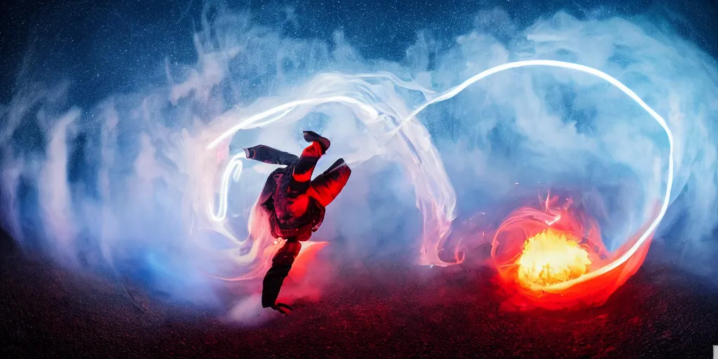 Image similar to fisheye slow motion with trail fire effect of futuristic break dancer wearing long dark cloak and golden helmet emitting blue and red fire, long exposure shot , enigmatic, at night in the middle of the arctic with red light A letter, paddle of water, steam, fog, water splashes, rim lights, glossy reflections, water droplets on lens, octane render, Volumetric dynamic lighting, stunning cover magazine, high details, hajime sorayama