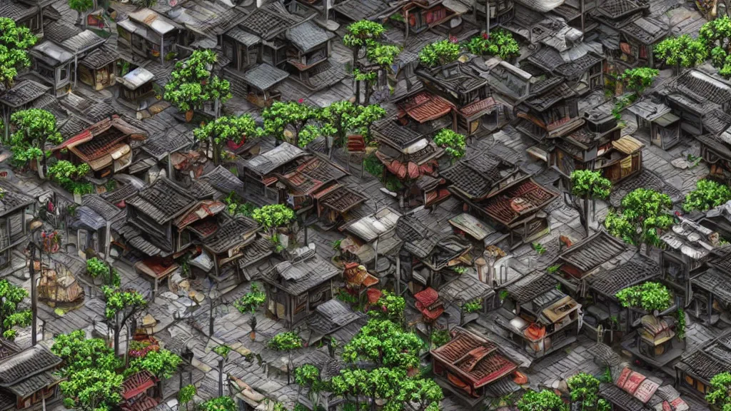 Prompt: small, quaint, oriental ancient cyberpunk japanese village in cyberpunk style,, hyperrealistic, highly detailed, 4 k hd