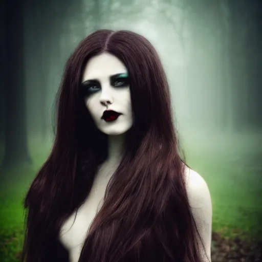 Prompt: portrait brunette vampire, Captivating, regal, high society, New Tales of the Vampires character, Highgate cemetery, face centred, fog, volumetric lighting, beautiful, night time, blueish moonlight, sharp focus, ultra detailed, cgsociety