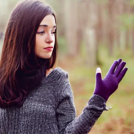 Prompt: a dark - haired girl trying on a brown hitch - hiking glove