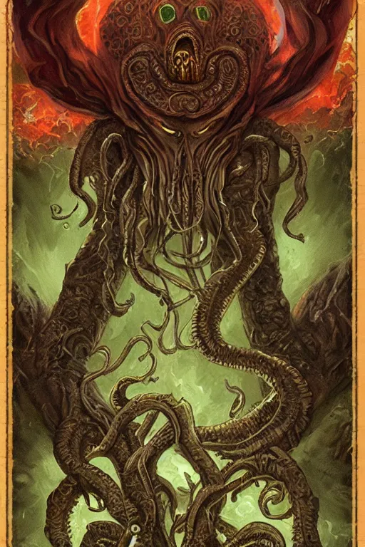 Prompt: ancient eldritch horror cthulhu, concept art, digital art, tarot card, highly detailed