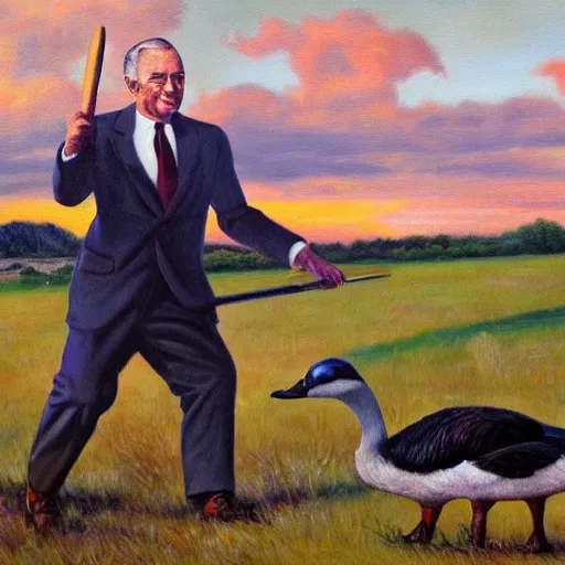 Prompt: oil painting of Lyndon Johnson with a hammer in his hand running after an angry goose, high detail, dusk, colorful