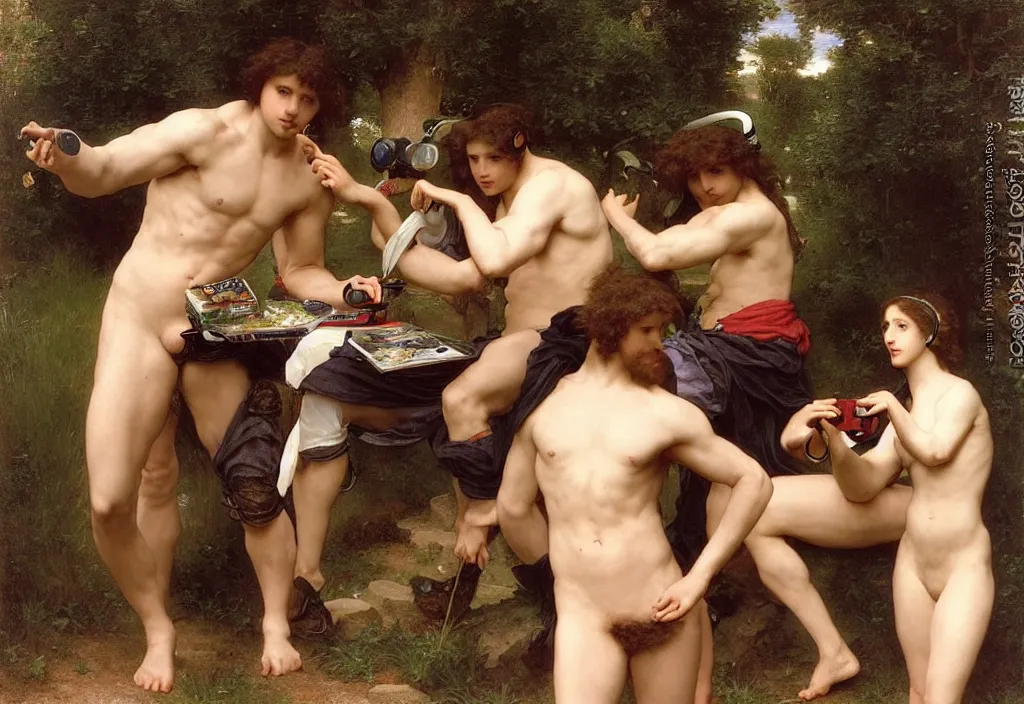 Prompt: pre-Raphaelite male muscular athletic gamers wearing headsets and playing video-games on laptops playstation5 x-box and PC by Bouguereau