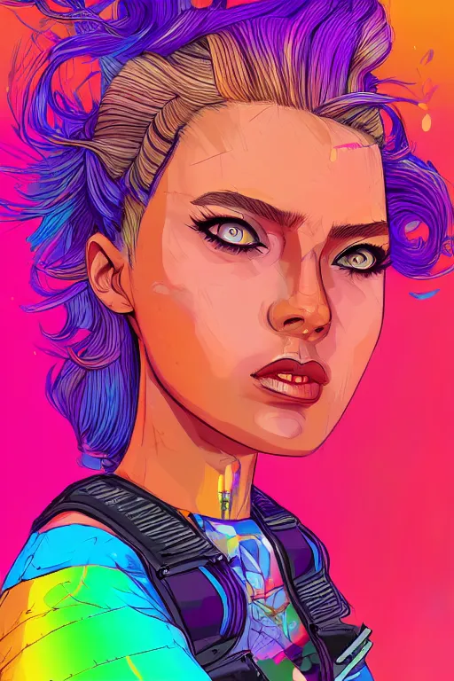 Image similar to a award winning half body portrait of a beautiful woman with stunning eyes in a printed croptop and cargo pants with rainbow colored ombre hairstyle head in motion and hair flying by josan gonzales, outrun, vaporware, shaded flat illustration, digital art, trending on artstation, highly detailed, fine detail, intricate