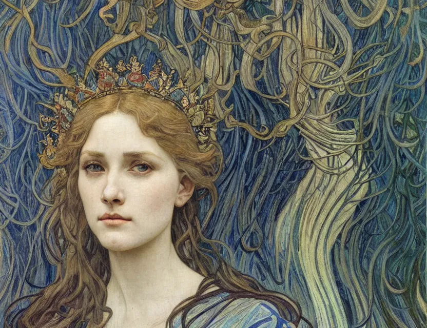 Image similar to detailed realistic beautiful young medieval queen face portrait by jean delville, alphonse mucha, vincent van gogh, and marco mazzoni, art nouveau, symbolist, visionary, gothic, pre - raphaelite