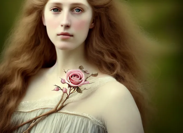 Prompt: portrait photography of a beautiful woman how pre-Raphaelites beauty type in style of Giovanni Gastel, britt marling style 3/4 , natural color skin, realistic detailed eyes, long blond hair are intricate with highly detailed realistic branches with little point rose' gems flowers like a crown, a beautiful ethereal lace transparent point rose' dress, 8K, soft focus, melanchonic soft light, volumetric lighting, highly detailed Realistic, Refined, Highly Detailed, natural point rose' outdoor soft pastel lighting colors scheme, blu color scheme background, soft blur outdoor lighting, fine art fashion photography