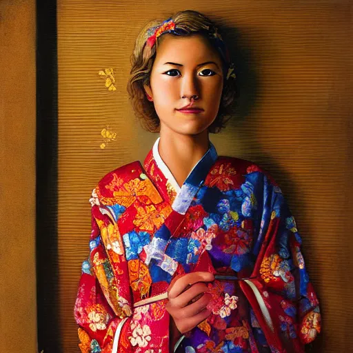 Prompt: stunning, breathtaking, awe - inspiring award - winning concept art portrait painting by steve mccurry of a beautiful young blonde latina woman with short, wavy hair, wearing a colorful yukata