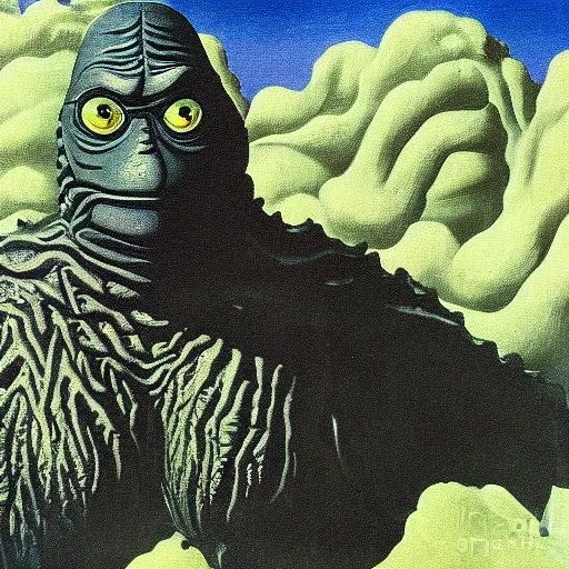 Prompt: creature from the black lagoon detailed painting by rene magritte