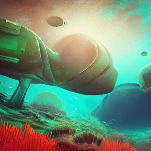Image similar to underwater view of a strange alien world, some washed out red and green plant life, sci-fi underwater base, deep blue sea color, artstation