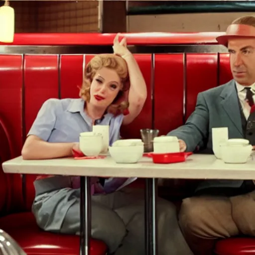 Image similar to saul goodman at a 5 0 s diner with red booths, still from breaking bad