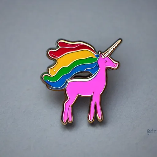 Image similar to rainbow unicorn enamel pin, product photography