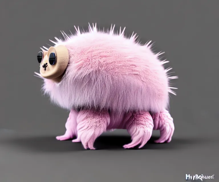 Image similar to high quality 3 d render hyperrealistic very cute small tardigrade, plush mascot, short spiky dense fluffy smooth hair, photo from the side, pink fluffy fur, 1 5 0 mm, beautiful natural soft light, rim light, vray, smooth background, artstation, ultra detailed