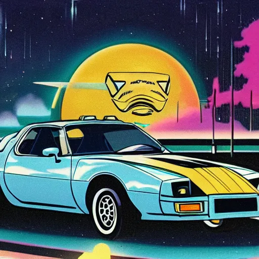 Prompt: a tardigrade driving a trans am, 1 9 8 3, miami, nighttime, synthwave, detailed,