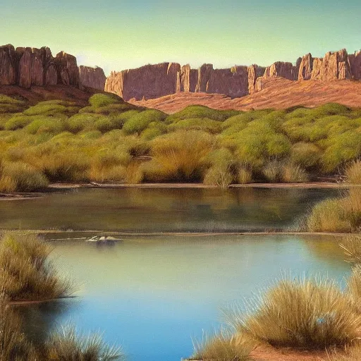 Prompt: quiet still pond, oasis in cleft of rock overlooking sandy desert spotted with dead trees, HD, oil painting,