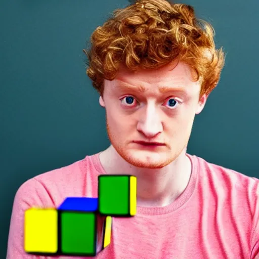 Image similar to photograph of James Acaster jugging rubiks cubes