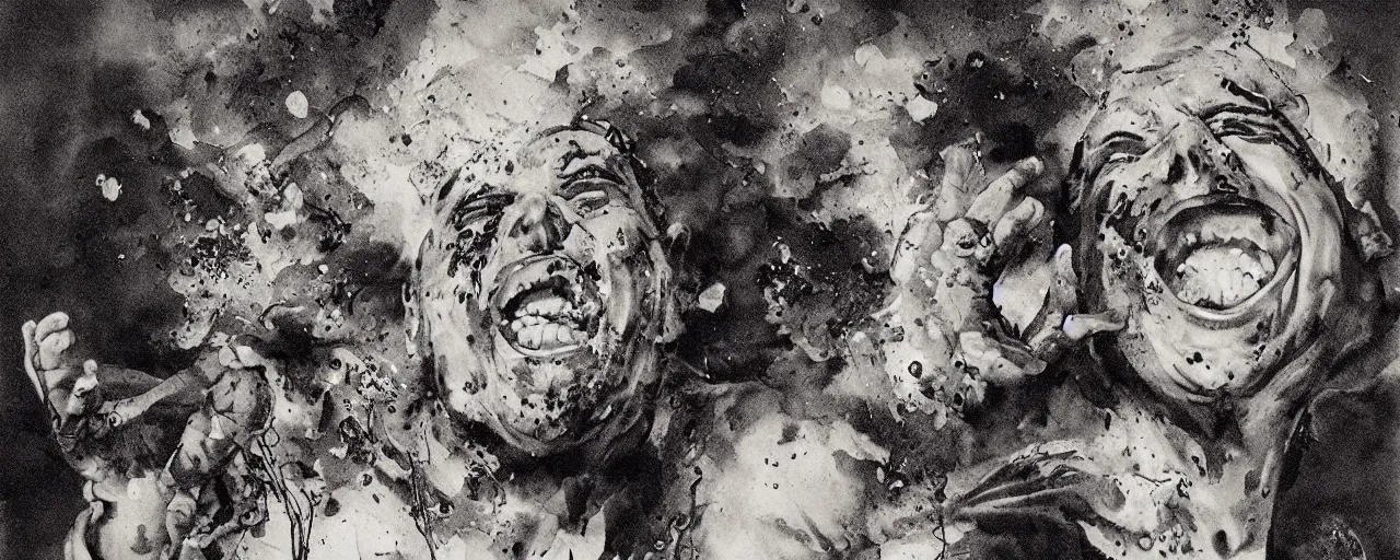 Prompt: portrait of a mad man screaming and laughing with ink bursting from the eyes, by max prentis,