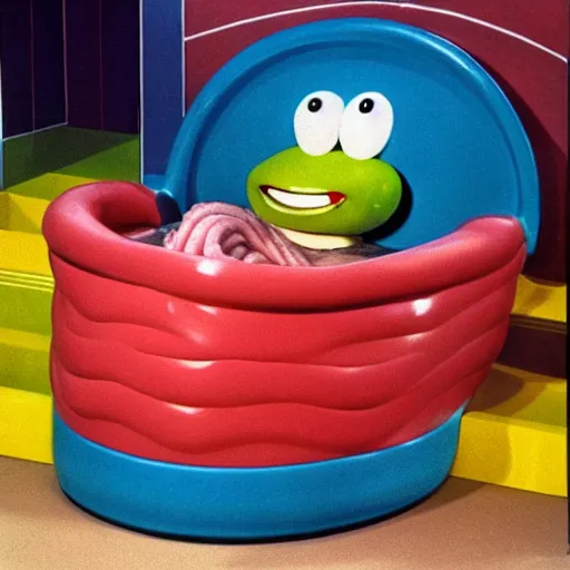 Prompt: an anthropomorphic intestine in a bathtub, live-action children's television show, 1974, technicolor