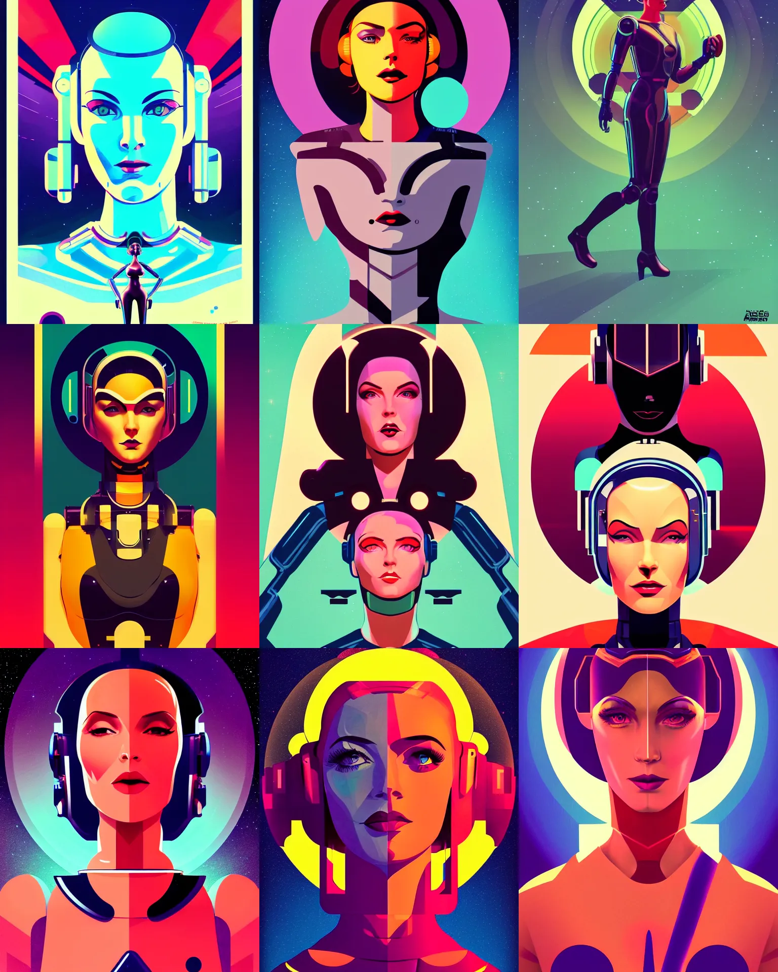 Prompt: art deco poster of android pheobe cates 2 2 years old space woman, half robot and half woman, retro futurism, solaris, half portrait by stanley artgerm, dramatic lighting, ilya kuvshinov, trending on artstation, flat colour, geometric curves, gradient filter, pleasing tone colours