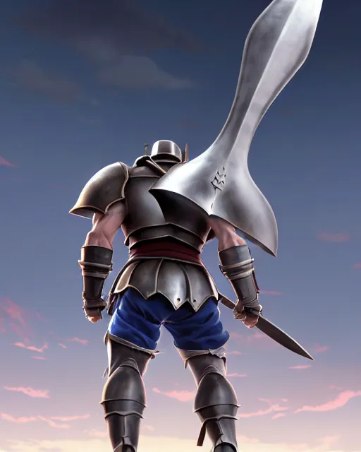 Image similar to strong muscular warrior with a greatsword and fully clad in plate armor, dramatic action pose, square masculine jaw, short messy hair, 3 d octane render, unreal engine 5, ultra high detail, cel shaded, trending on pixiv fanbox, by greg rutkowski makoto shinkai takashi takeuchi studio ghibli, akihiko yoshida