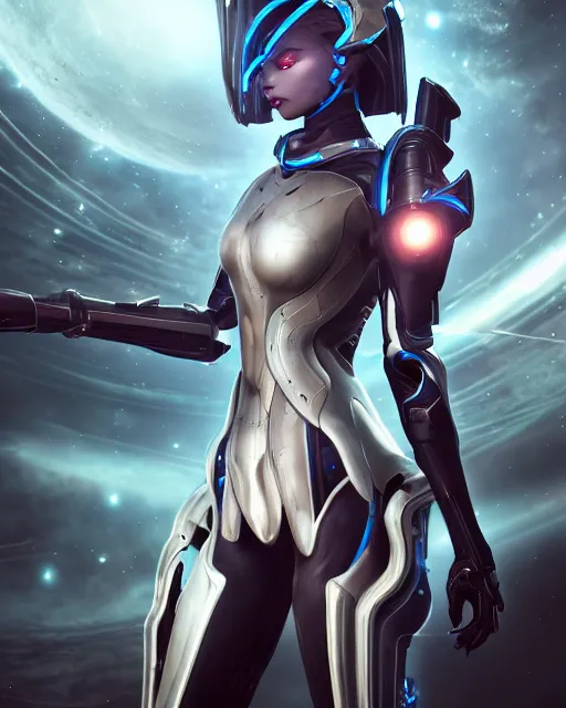 Image similar to perfect android girl on a mothership, warframe armor, beautiful face, scifi, futuristic, galaxy, nebula, raytracing, dreamy, long white hair, blue cyborg eyes, sharp focus, cinematic lighting, highly detailed, artstation, divine, by gauthier leblanc, kazuya takahashi, huifeng huang