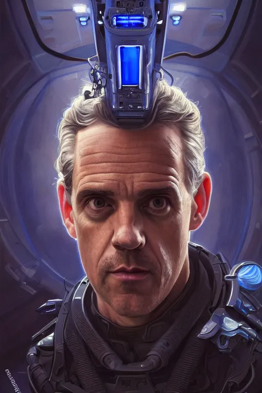 Image similar to portrait of Jordan Peterson as a futuristic airforce, inside future fighter, sci-fi, fantasy, intricate, very very alpha and sigma, elegant, human anatomy, royal blue light, highly detailed, digital painting, artstation, concept art, smooth, sharp focus, illustration, art by tian zi and WLOP and alphonse mucha