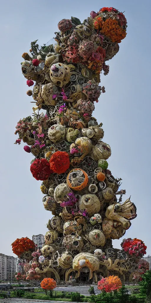 Image similar to colossal grotesque flower made from best unfulfilled mankind projects in the middle of abandoned post soviet constructivist cityscape, Stalinist architecture, ultradetailed, Intricate by Hayao Miyazaki and Josan Gonzalez and Makoto Shinkai and Giuseppe Arcimboldo and Wes Anderson