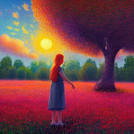 Image similar to girl with made of flower, standing in a flower field, big trees, sunrise dramatic light, impressionist painting, colorful clouds, digital painting, pointillism, artstation, simon stalenhag