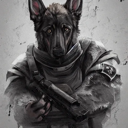 Image similar to a humanoid german shepherd beast - man in military style, sitting on the carpeted floor beside a bed, highly detailed portrait, digital painting, artstation, concept art, smooth, sharp foccus ilustration, artstation