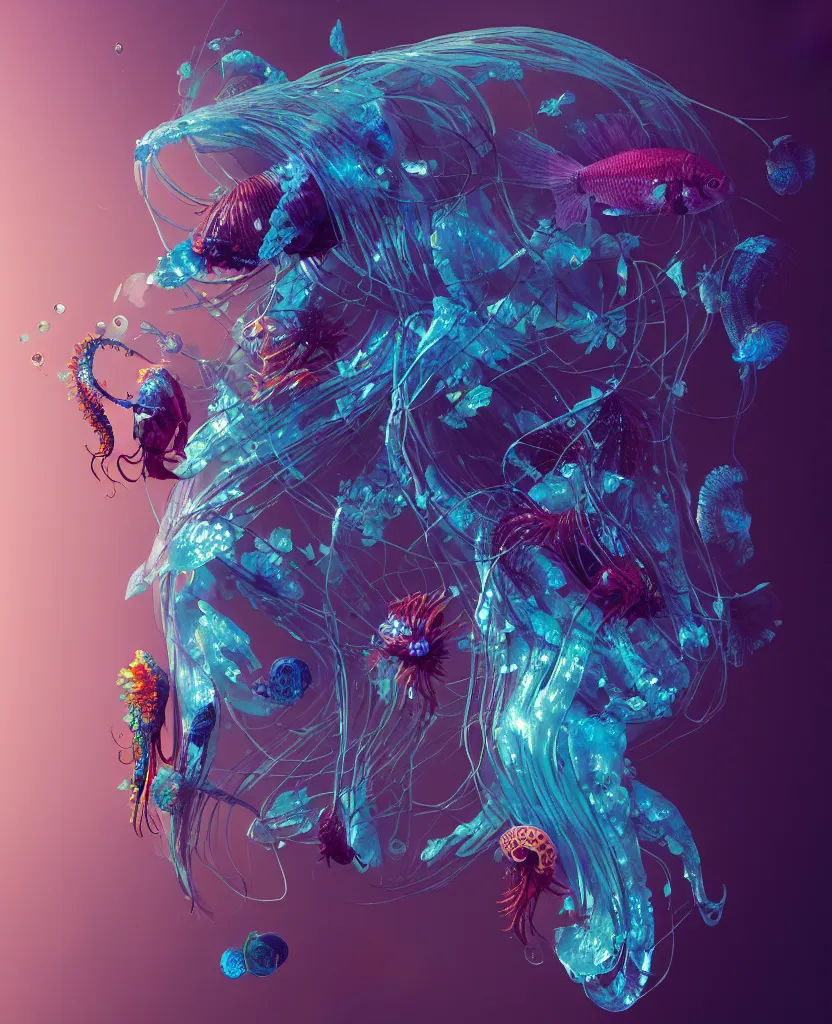 Image similar to human thorax, jellyfish phoenix head, nautilus, orchid, skull, betta fish, bioluminiscent creatures, intricate artwork by Tooth Wu and wlop and beeple. octane render, trending on artstation, greg rutkowski very coherent symmetrical artwork. cinematic, hyper realism, high detail, octane render, 8k