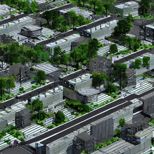 Prompt: a sustainable mixed - use post - modern post - growth walkable solarpunk urban neighborhood