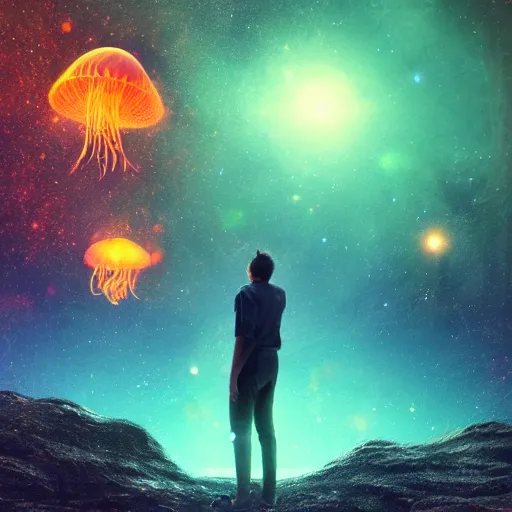 Prompt: over the shoulder photo of a man watching a giant magic glowing jellyfish in glowing cosmic stardust, colorful stars, galaxies, space, award winning photo, intricate, high detail, atmospheric, desolate, artstation