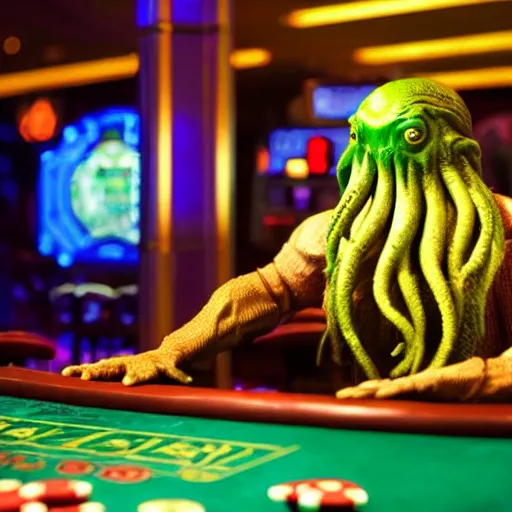 Image similar to photo of cthulhu playing in a casino, realistic, highly - detailed, sharp focus, award - winning