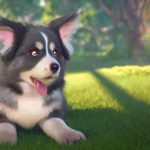 Image similar to a wholesome animation key shot of a grey and copper colored australian shepherd puppy, studio ghibli, pixar and disney animation, sharp, rendered in unreal engine 5, anime key art by greg rutkowski, bloom, dramatic lighting