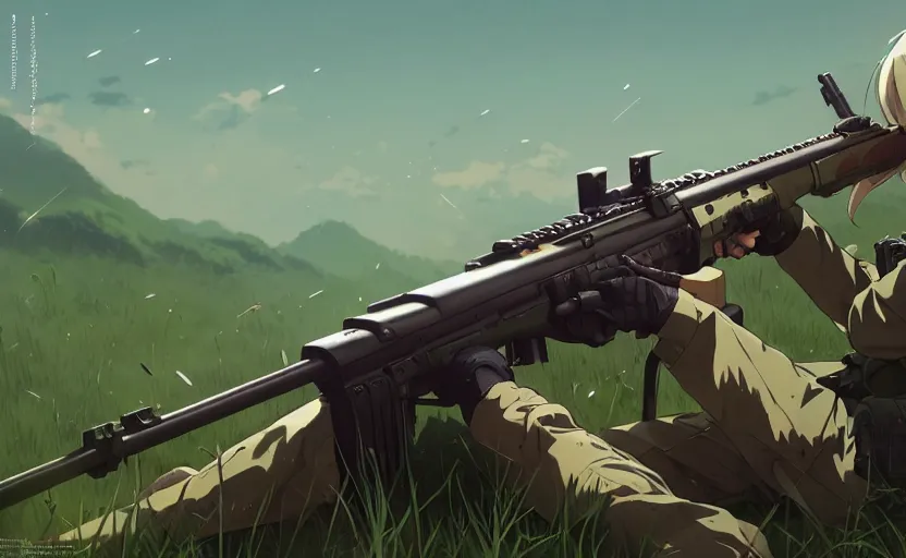 Prompt: a m 1 4 rifle, lush landscape, illustration concept art anime key visual trending pixiv fanbox by wlop and greg rutkowski and makoto shinkai and studio ghibli and kyoto animation, realistic gun, ammo bullets, eotech sight, anpeq 2