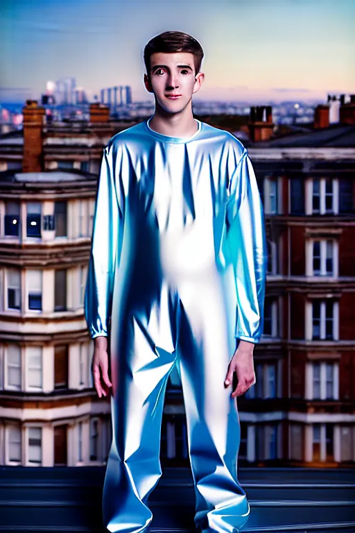 Prompt: un ultra high definition studio quality photographic art portrait of a young man standing on the rooftop of a british apartment building wearing very soft baggy inflatable padded silver iridescent pearlescent clothing. three point light. extremely detailed. golden ratio, ray tracing, volumetric light, shallow depth of field. set dressed.