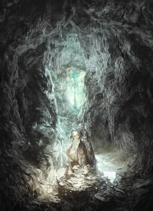 Image similar to portrait, Overgrown Cave made of white paper, Crystal Lighting, Mystical,, watercolor, dramatic lighting, cinematic, establishing shot, extremely high detail, foto realistic, cinematic lighting, pen and ink, intricate line drawings, by Yoshitaka Amano, Ruan Jia, Kentaro Miura, Artgerm, post processed, concept art, artstation, matte painting, style by eddie mendoza, raphael lacoste, alex ross