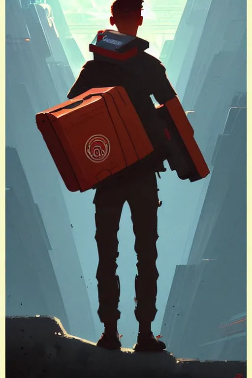 Image similar to greg rutkowski travel poster science fiction pizza delivery boy