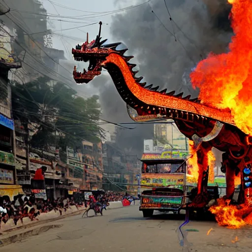 Prompt: photograph of a robot dragon burning Dhaka city