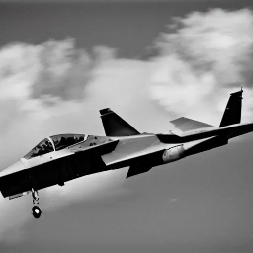 Prompt: fighter jet from the 5 0 s beautiful clouds in the background, grainy footage, black and white