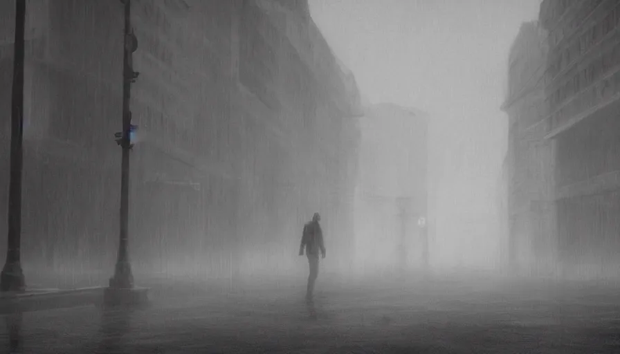 Image similar to a man standing, silent hill streets, fog, empty streets, hyperdetailed, artstation, cgsociety, 8 k